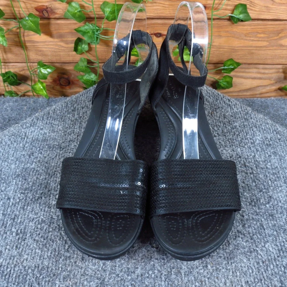 Crocs LeighAnn Women Wedge Sandal Size 9 Comfort Walking Black Sequin Strap